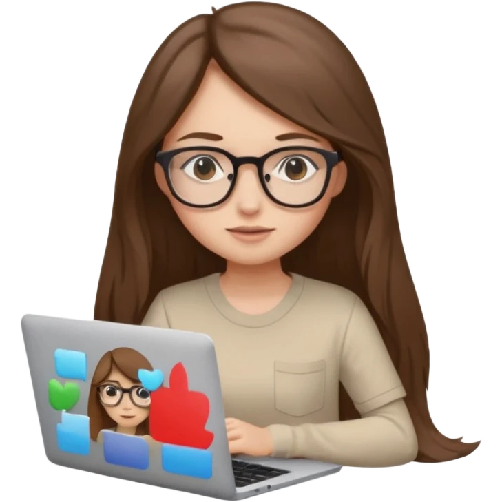 Girl in glasses,brown long hair, beige shirt, sitting with gray MacBook emoji