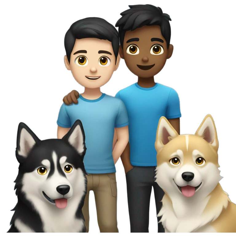 Black hair boy, blond hair boy and a one golden Husky with blue eyes famille emoji