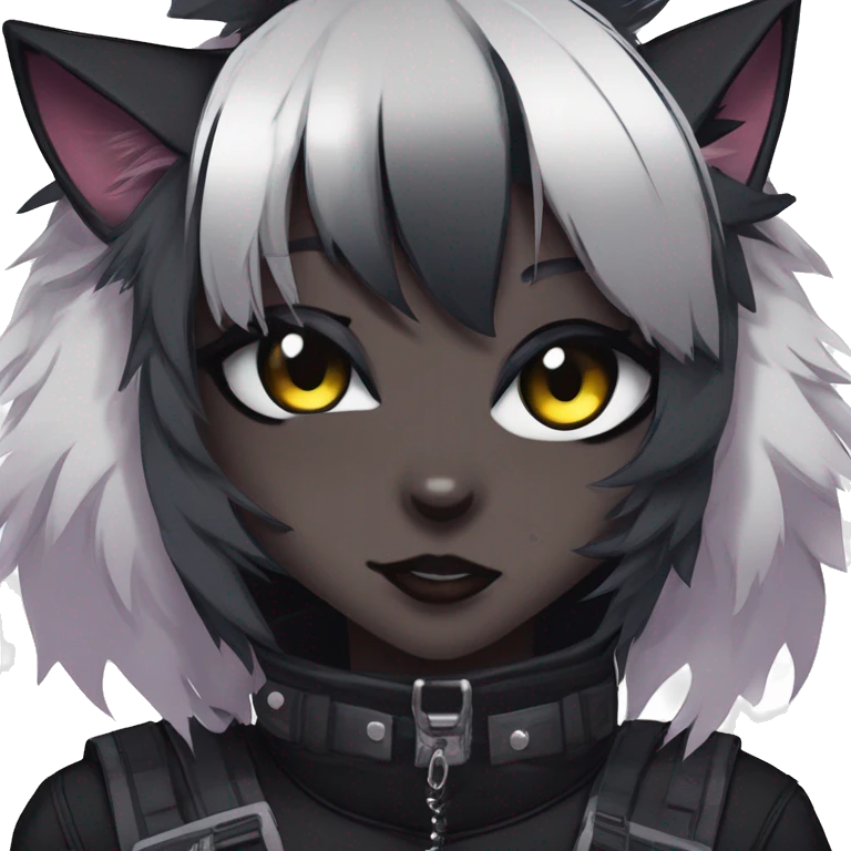 Gorgeous furry dark cyberpunk techwear anime style anthro black cat fursona with blushing face aesthetic and pretty edgy black with collar and harness trending style emoji