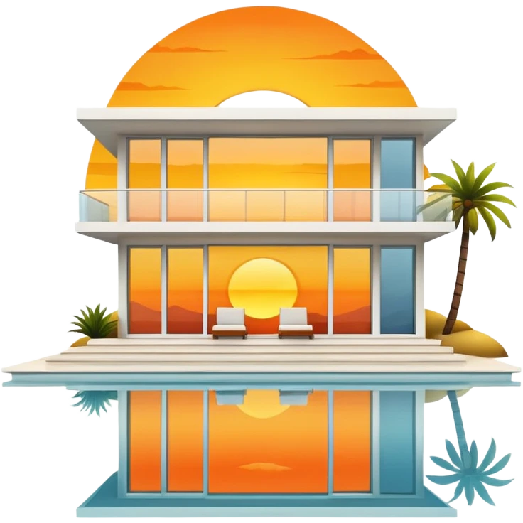 contemporary villa with large windows reflecting a yellow and orange sunset emoji