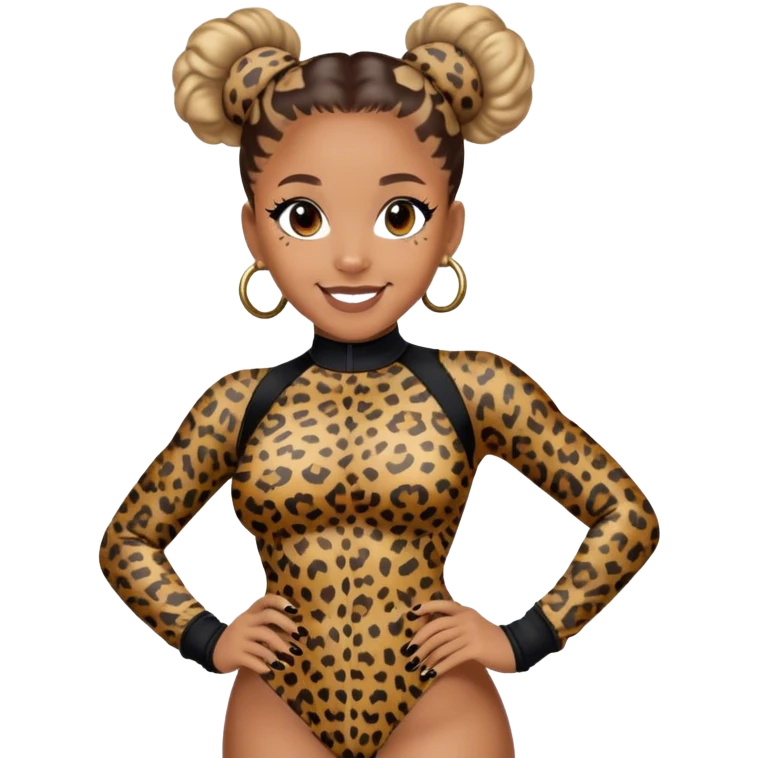 Melanie Brown smiling with her hair in space buns and wearing a tight leopard print two piece bodysuit and black combat boots emoji