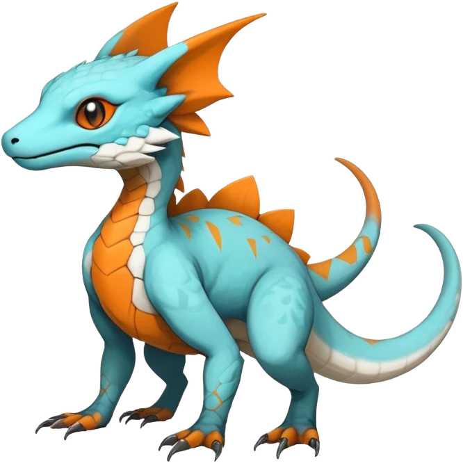 Rare realistic exotic cute white gloomy whitish and orange and cyan epic pretty beautiful handsome gorgeous aesthetic colorful vibrant Vernid-Trico-species-Fakemon-Salandit-hybrid-creature by LiLaiRa, 4 legs, 1 tail, random markings, (full body) emoji