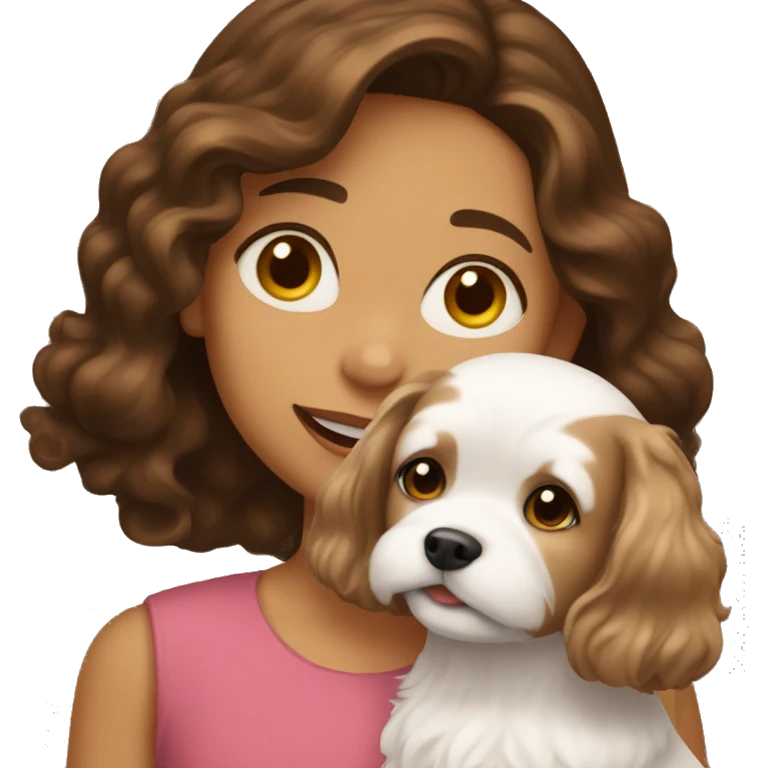 A girl with wavy brown hair and brown eyes holds a small white dog. emoji