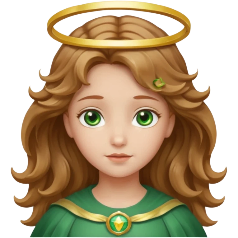 Angel girl with light brown wavy hair and green eyes and a halo emoji