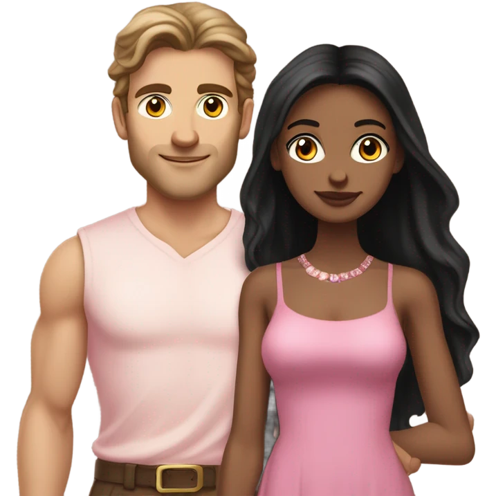 A handsome pale Greek god man who has long brown hair and tanned skin with a pretty black skinny tall model woman who has long black hair and she is wearing a pink dress and they are a couple emoji