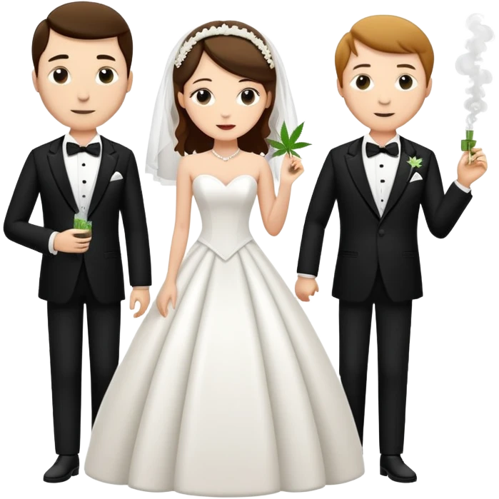 A bride in white wedding dress and groom in tuxedo, full body, smoking cannabis, side by side emoji