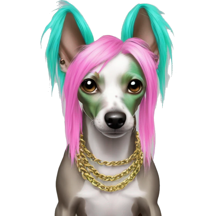 Punk Chinese crested dog neon rainbow cyan green pink hair gold chain punk piercings tattoos punk ear piercings emoji