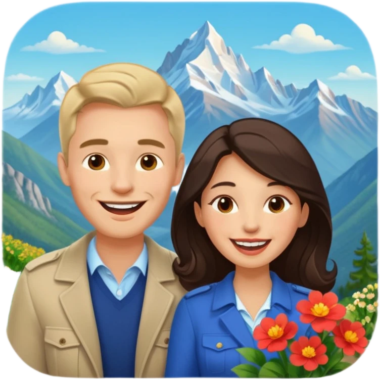 Couple  laughing traveling russian man and elegant  Latina girl delicate flowers and mountains in the background  emoji