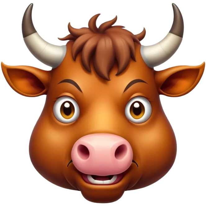 Cinematic Comical Domestic Ox Portrait Emoji, Head tilted dramatically with an exaggeratedly amused expression, featuring a striking, glossy hide with boldly curved horns and wide, expressive eyes brimming with playful disbelief, Simplified yet hilariously expressive features, highly detailed, glowing with a slightly sassy earthy glow, high shine, dramatic yet playful, stylized with an air of cheeky rural mischief, soft glowing outline, capturing the essence of a spirited and over-the-top ox that looks ready to charge its way into internet fame instantly! emoji