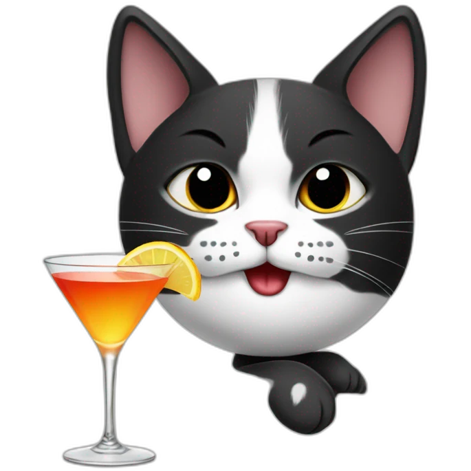 black and white cat with cocktail emoji