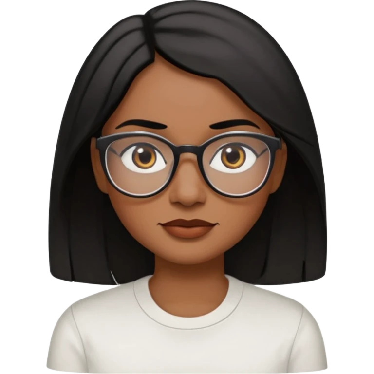 A 35 years old  woman emoji with medium-dark skin, straight shoulder-length black hair parted to the side, an oval-shaped face, arched dark eyebrows, large brown eyes with glasses, a small nose, and natural-toned lips. emoji