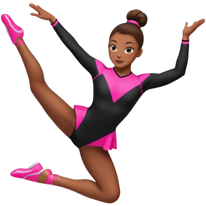 A female gymnast with brown hair in a neat bun, wearing a black uniform with neon pink elements, performing an acrobatic move. A female gymnast with brown hair in a neat bun, wearing a black uniform with pink elements, performing an acrobatic move. emoji