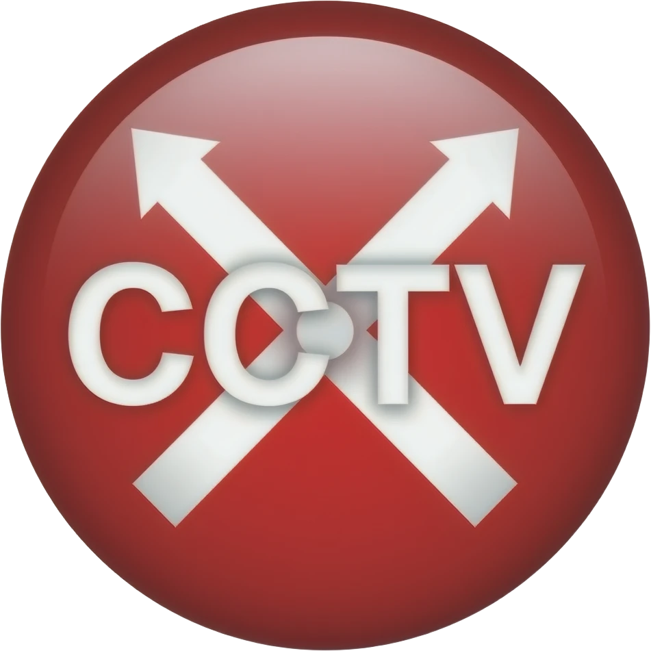 Red filled circle with white X and arrow on all end points on the X white circle in the middle. Biggest possible CCTV word across centre emoji