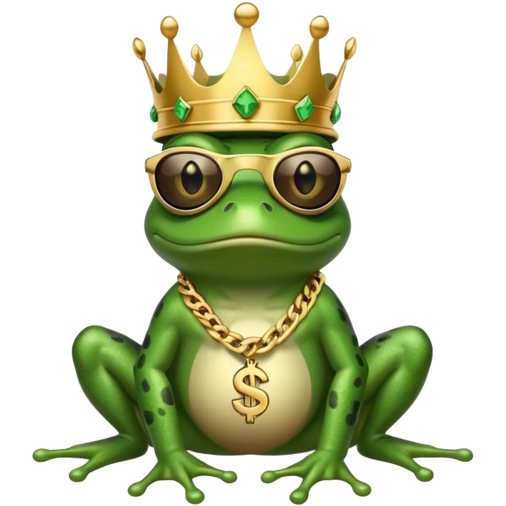 gangster frog wearing a gold crown, cool sunglasses, gold chain, dollar sign chain emoji