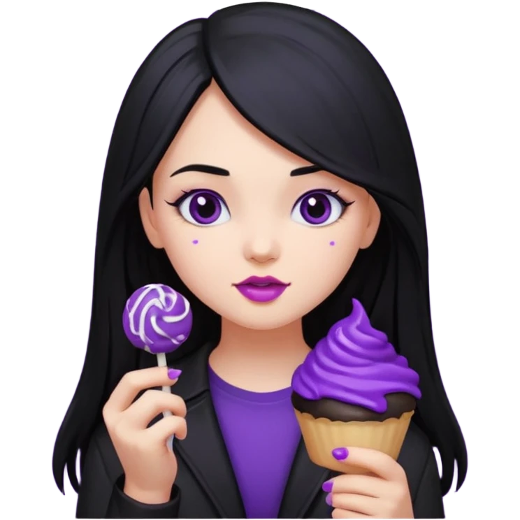 girl with long black hair, black clother with eating disorder purple sweet food emoji