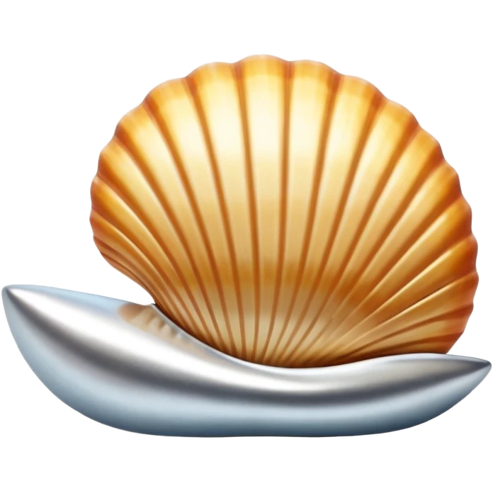 A seashell emoji made of polished silver chrome, smooth curved surface, reflective metallic highlights, elegant minimal design, iOS emoji style, centered, clean white background, soft lighting emoji