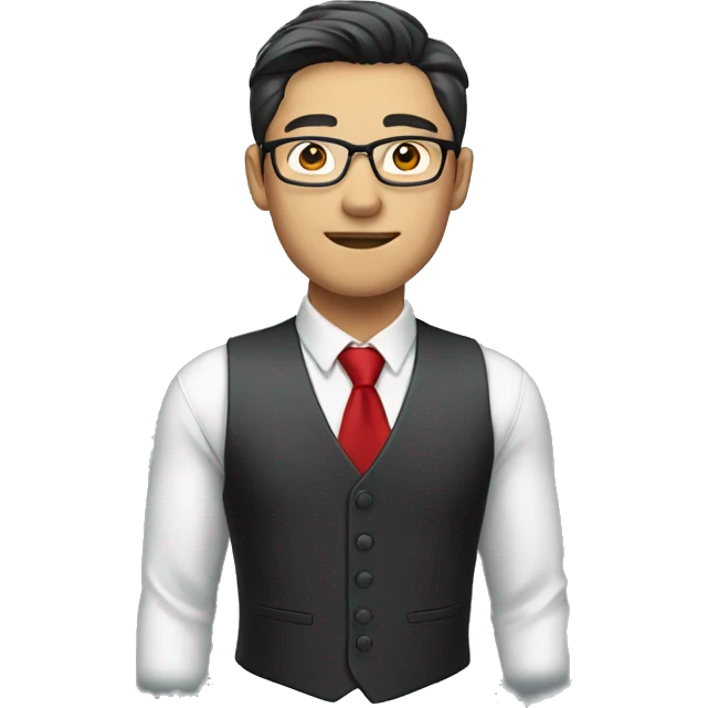 Asian handsome man wearing glasses with formal vest and red tie emoji