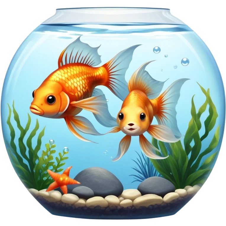 Large aquarium fish like veil tails and lionhead goldfish swimming gracefully in a beautifully decorated aquarium. Colorful aquatic plants, smooth rocks, and gentle bubbles surround the fish. The water shimmers in sunlight, creating a peaceful and vibrant underwater scene. Transparent background. emoji