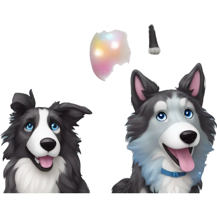  Black spotted brindle fluffy collie husky lurcher fox blue eyes fluffy ears and holographic harness running emoji