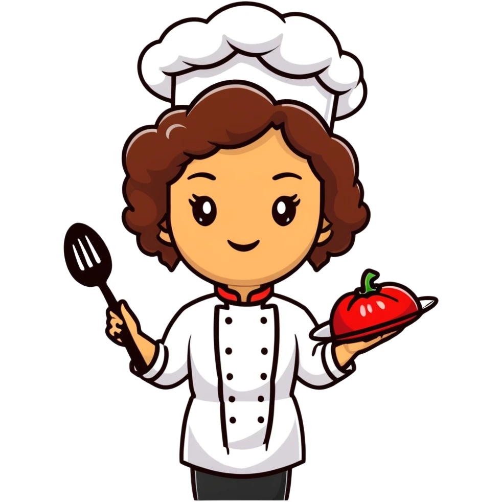 Mixed-race female chef with medium-length curly brown hair, wearing a chef's hat (toque), with both an angel halo and devil horns on her head emoji