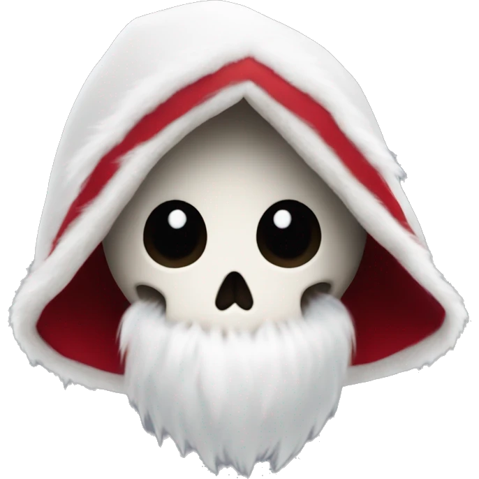 Cute, happy little skull wearing a red velvet hood with fluffy white fur trim. emoji