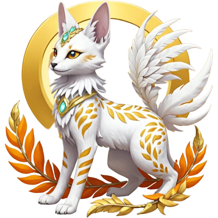 Epic complex fantasy glorious detailed futuristic divine godly angelic feathery sunny, white, albino, pastel, golden, orange glowing sparkly, realistic Fakémon-Sprigatito-Floragato-Meowscarada-Trico-Sergal-Serval-Solgaleo-Vernid-creature (full body) solarpunk, shiny sparkly with a gold laurel emoji