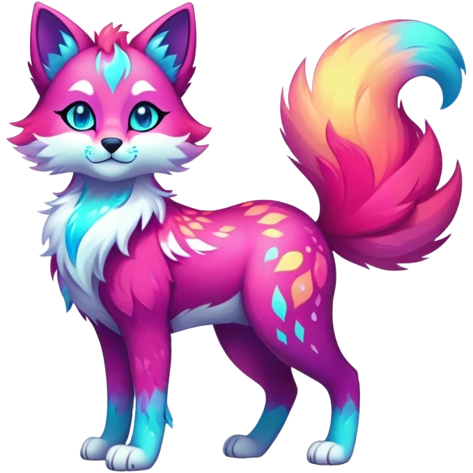 Vibrant multicolored neon-colored Falvie-Fionbri-creature-sparkle-feline-canine-hybrid-fursona, full body, fur pattern-markings emoji