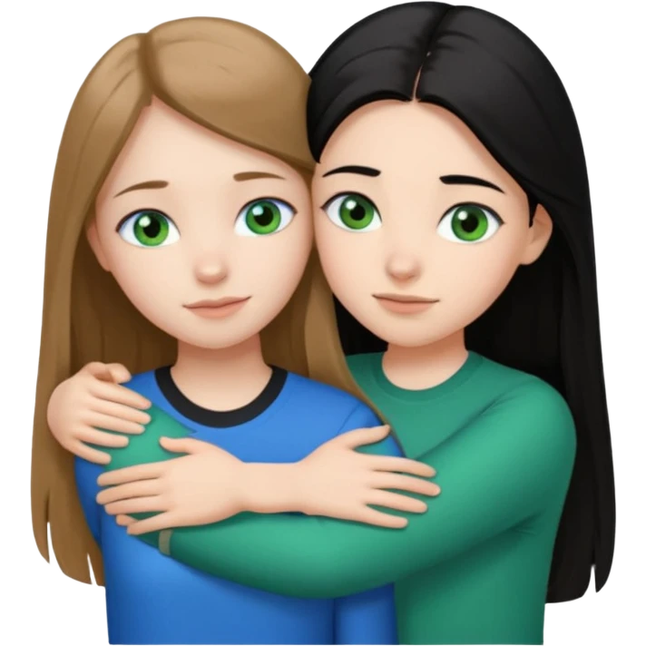 una ragazza dall‘ età di 19 anni con capelli castani chiaro lunghi e lisci ,  occhi blu  ,  e una ragazza di 17 anni capelli neri occhi verdi che si abbracciano e con una maglia bianca o nera  emoji