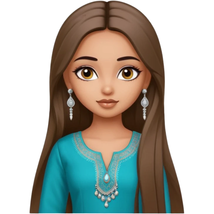 generate a pretty bratz girl wearing a kurti, eyeliner on, long straight hair, silver jhumkas in ear emoji