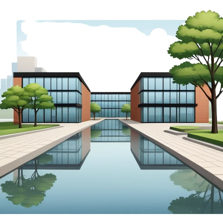 The image shows two identical modern buildings with flat roofs and brick walls, side by side. They have large glass windows, a wide walkway with trees in front, and a small water body nearby. The scene looks like a planned urban area or a design model. emoji