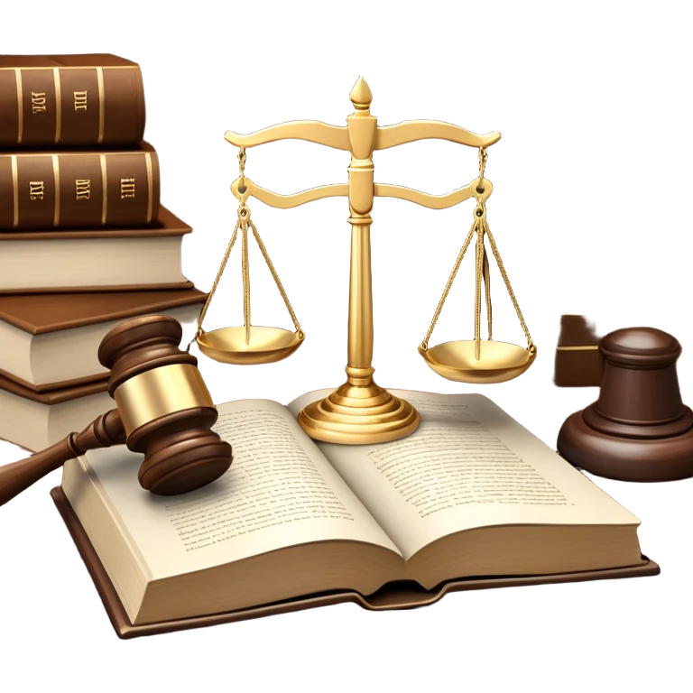 An icon featuring a gavel, legal scales, and a law book, symbolizing the study of law. The design includes a courthouse silhouette in the background, representing justice and legal systems. Transparent background highlights the principles of law and legal practice. emoji