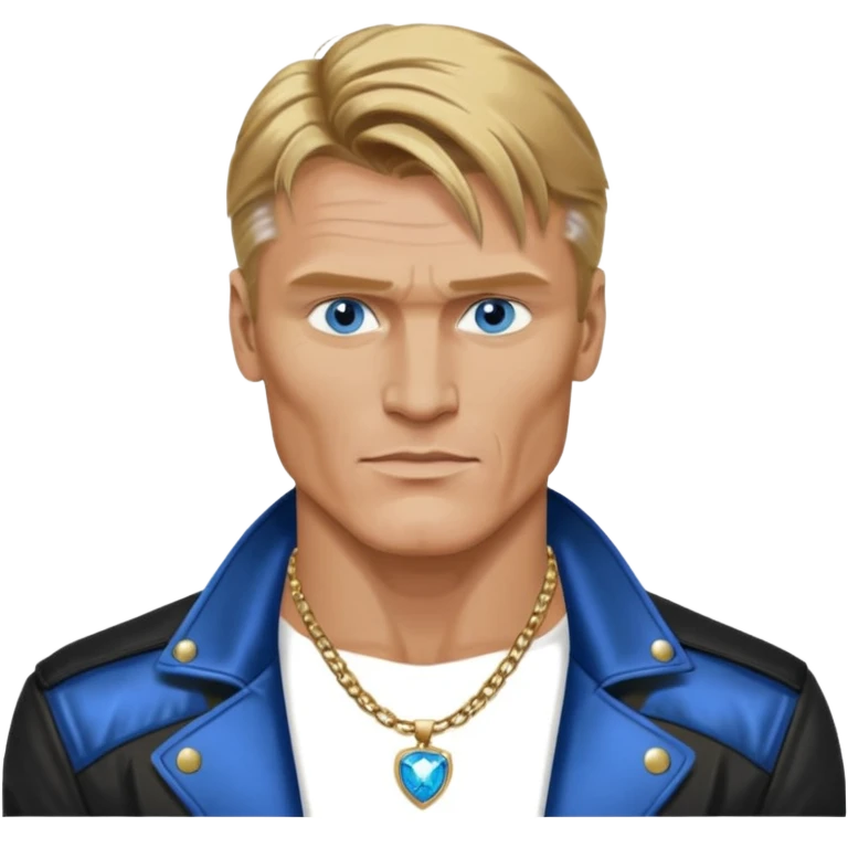 Dolph Lundgern with shirtless with necklace, blue eyes, dark blonde hair, metallic black jacket emoji