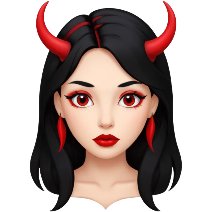 skin red A girl's face with cheekbones, long black hair, small red horns, big lips emoji