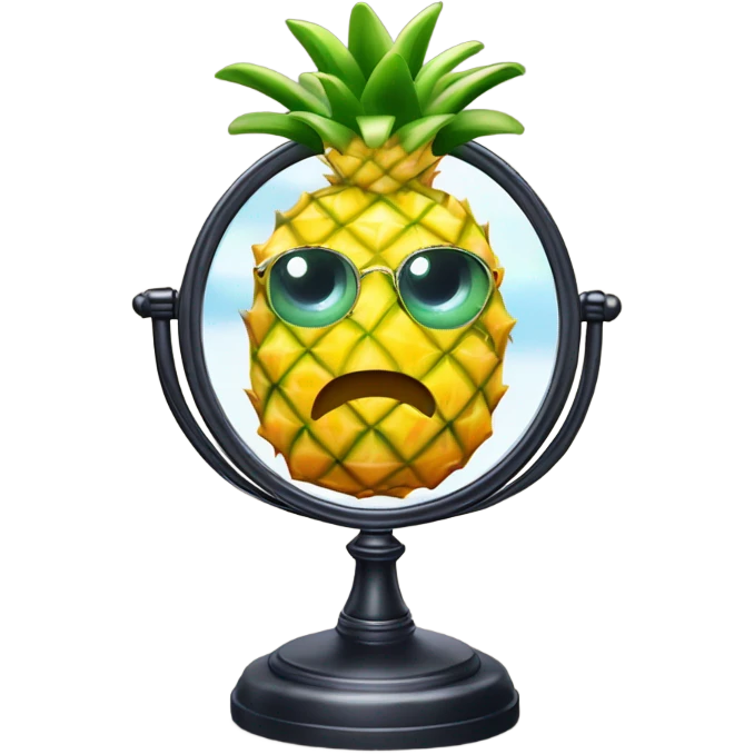 3D elegant pineapple🍍  with big shiny eyes 👀 pineapple holds mirror with its reflection 🪞🍍 emoji