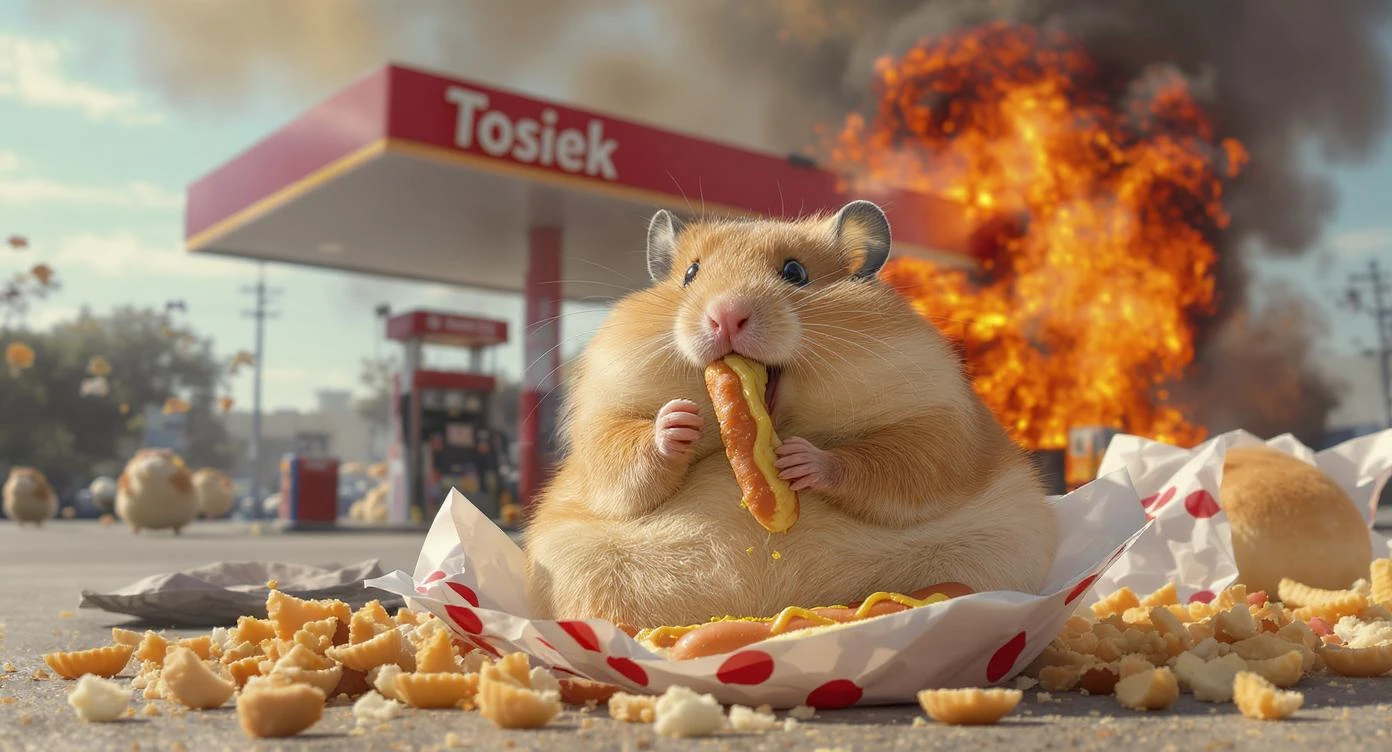 Cinematic still of A portrait of a fat hamster eating hotdog on gas station, gas station is in fire, other hamster fun away, sunny day, back light explosion , gas station named "Tosiek" (Realistic) emoji