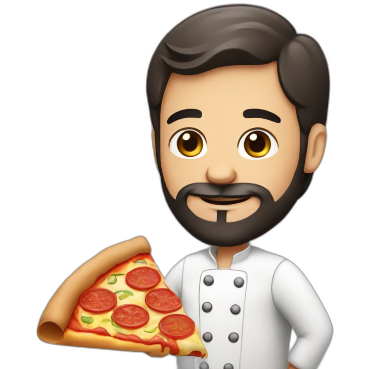 Pizza chef with dark hair and beard, holding a Pizza emoji