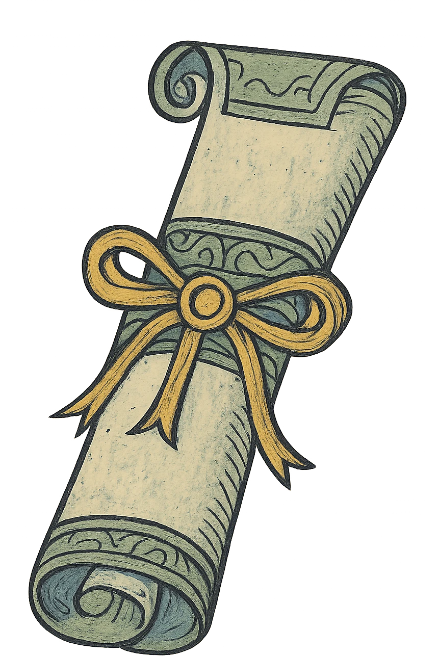 rolled up diploma, classic look, green gold and white color scheme, elegant lines, decorative details emoji