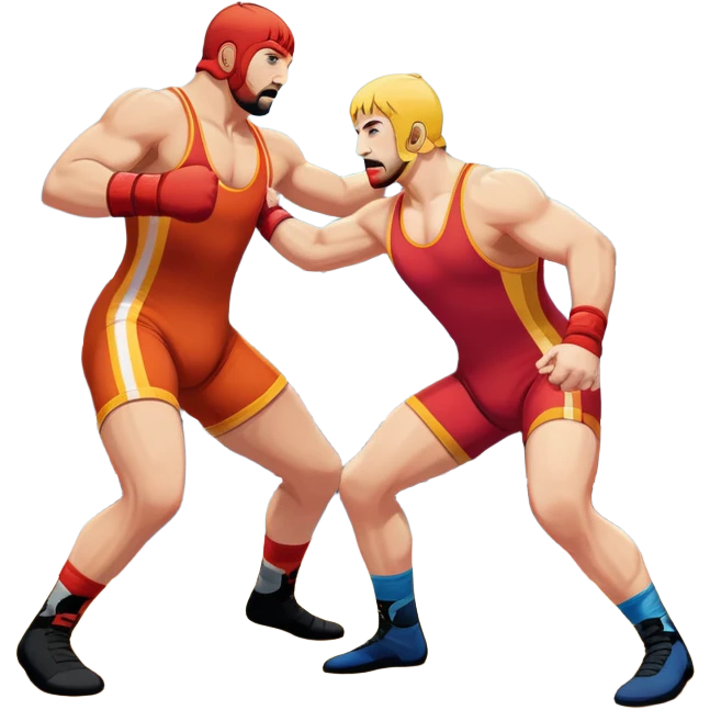 An icon showcasing two wrestlers engaged in a dynamic free wrestling match. The athletes are in mid-action, one attempting a takedown while the other defends. The background features a wrestling mat, and the fighters wear traditional singlets. Transparent background  emoji