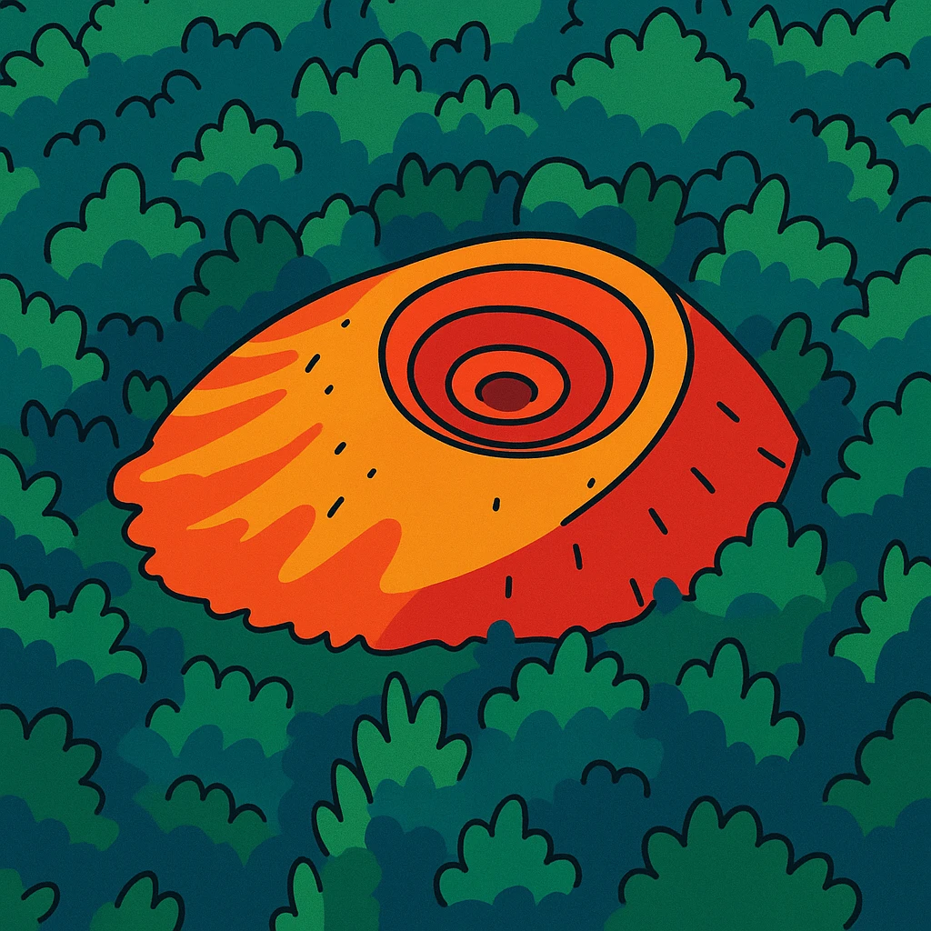 Create a vibrant cartoon illustration of Patomskiy crater with bold colors and simplified shapes, inspired by the reference image. Emphasize a lively and colorful style. emoji