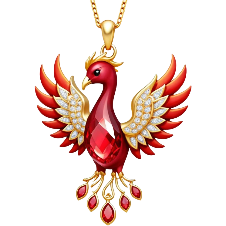 ruby pendant pulsing with fiery light, tiny phoenix emerging inside, haloed by shimmering white stones emoji