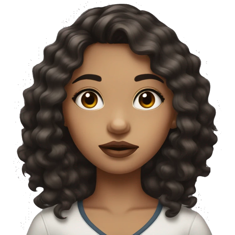 Girl with long dark brown wavy hair, big almost black eyes , big lips and lashes emoji