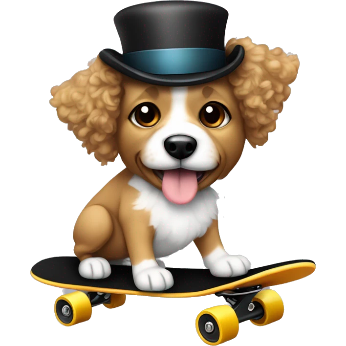 yochon mix. dog with light tan curly fur, very very long ears down. dark brown eyes, mouth closed. wearing a top hat on a skateboard emoji
