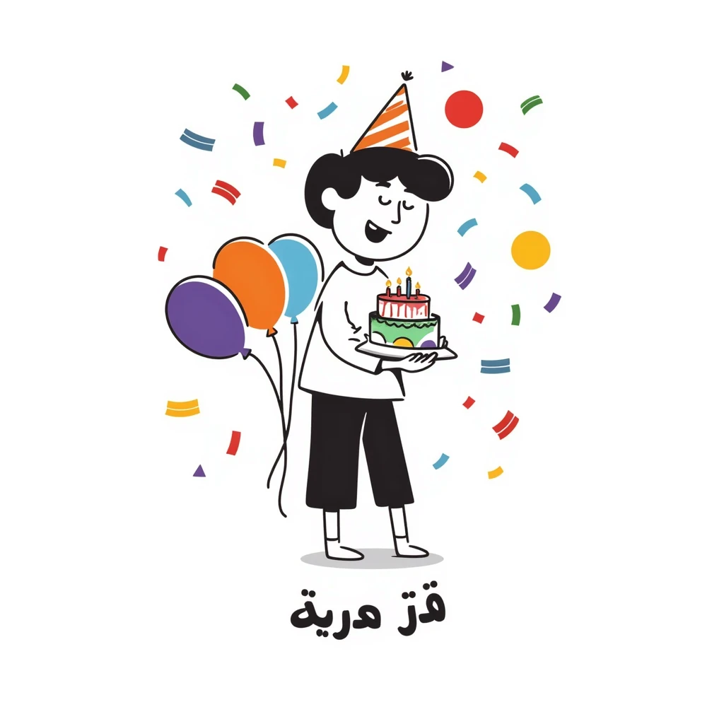 Vibrant, multi-colored illustration of a little boy with a colorful birthday cake, lots of colorful confetti, balloons, and party elements. Below the illustration, in a separate text area, write in very clear, large Persian characters: "امیدرضا جان تولدت مبارک" emoji