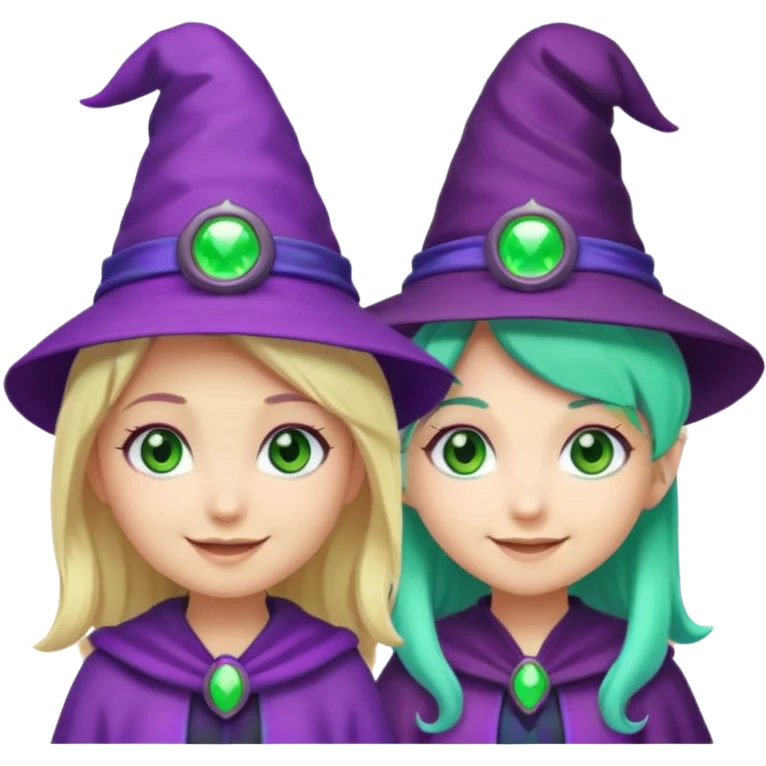Make a blonde girl with green glowing headset on with teal eyes and a purple haired girl with green eyes waering a purple wit hes hat haveing fun , make them a chibi emoji page emoji