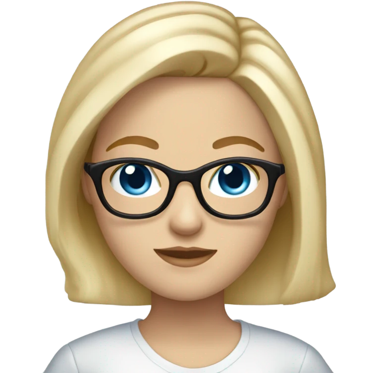 A white girl whit blonde hair and glasses and blue eyes and a off white shirt emoji