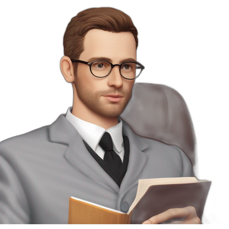 Pale skinned Fit Man With dark brown hair in gray jacket, beige office shirt, Brown pants and vintage glasses sitting In a soft chair with a notebook and a pen Fooling with his tongue emoji