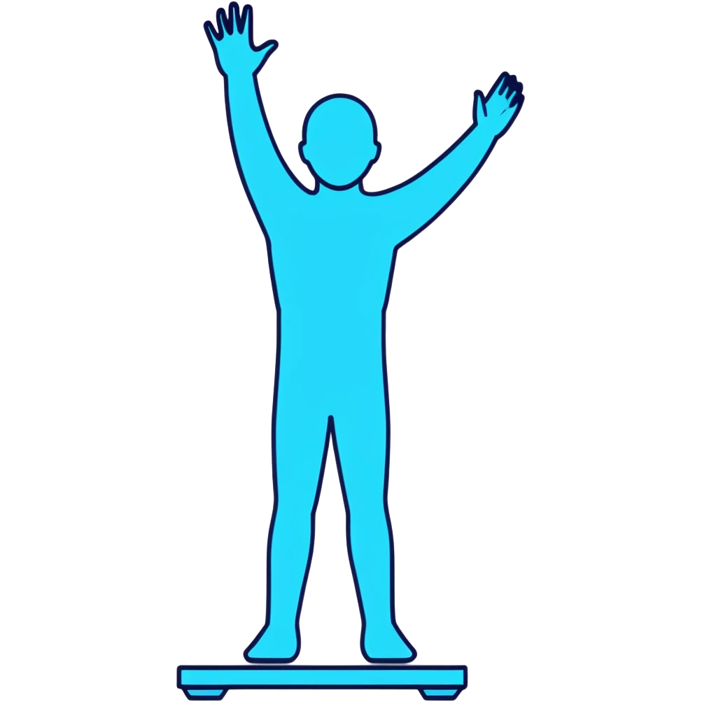 Person standing with arms outstretched in T-pose with 3D scanning blue light effect covering their body emoji