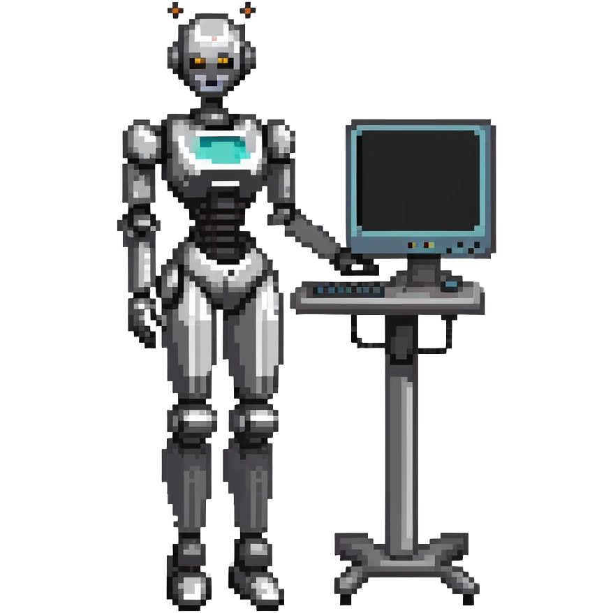 Curvy female robot with computer monitor head, stylish outfit emoji