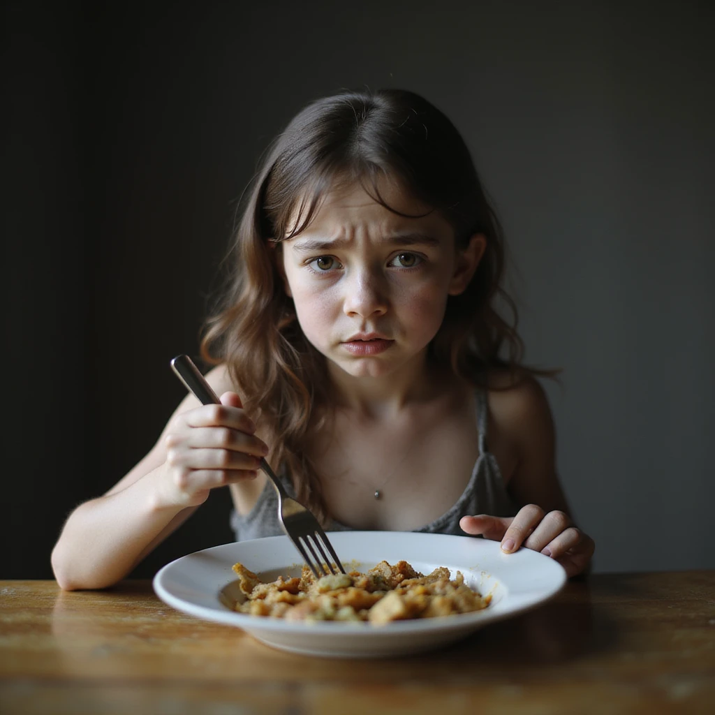 hyperrealistic 4K image of a very thin young woman with a tired and stressed face, prominent dark circles under eyes, sitting at a table with an almost empty plate, pushing food with a fork without eating, natural light, atmosphere of stress and discomfort, detailed emoji