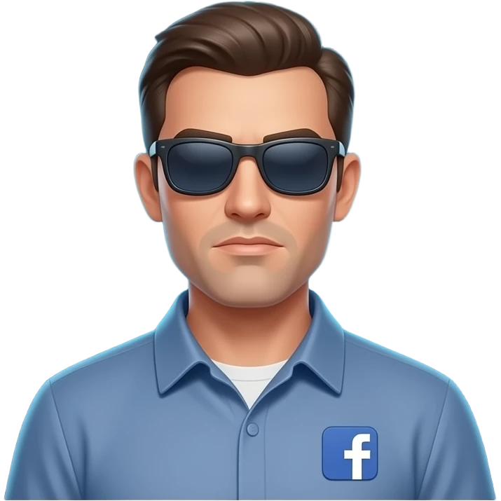 A informal man with sunglasses, glowing digital, symbols on the around, a left side Facebook logo, on the left shoulder, looking at viewer, a very serious. Text on below: 'What's your topic, lady?' shimmering a red x cross and a green check icons emoji